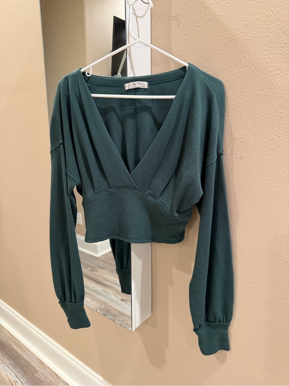 Free People Teal Green Cropped V-Neck Long Sleeve Top